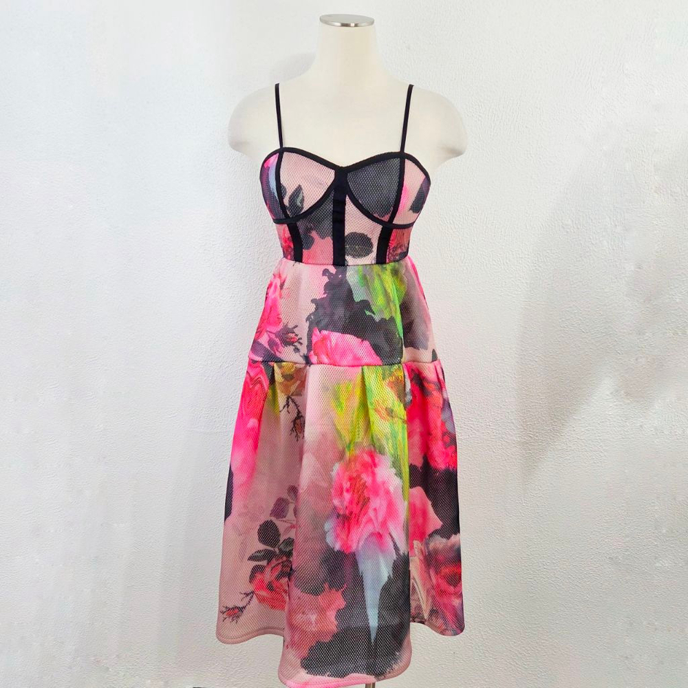 ASOS PETITE Bonded Mesh Bandeau Floral Midi Prom Dress rainbow neon pink size 4